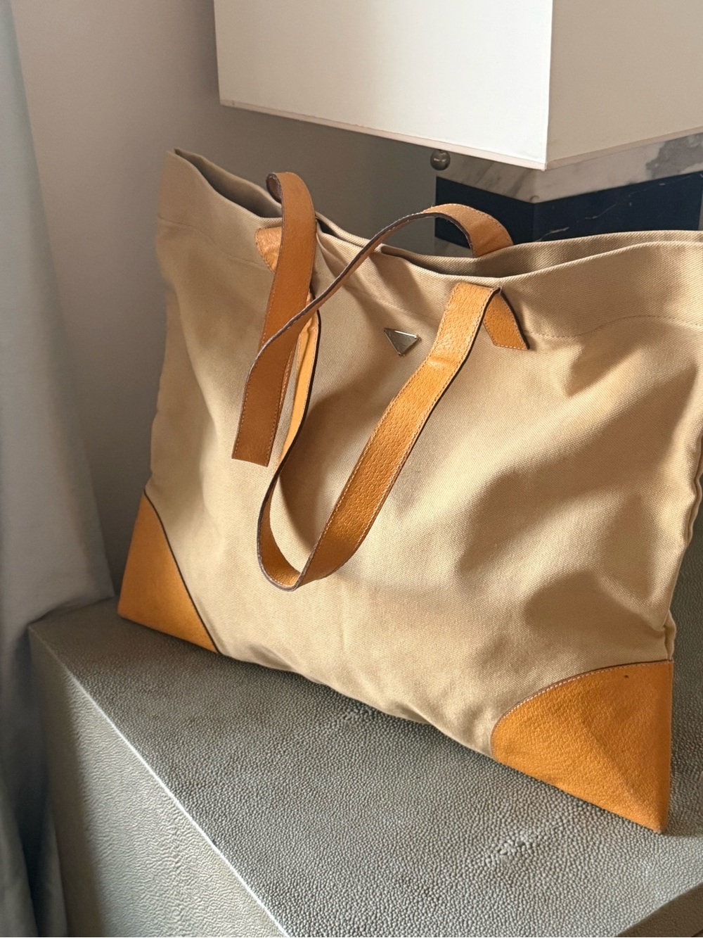 Prada Large Canapa Canvas Tote with Ochre Yellow Cinghiale Boarskin Appliqué